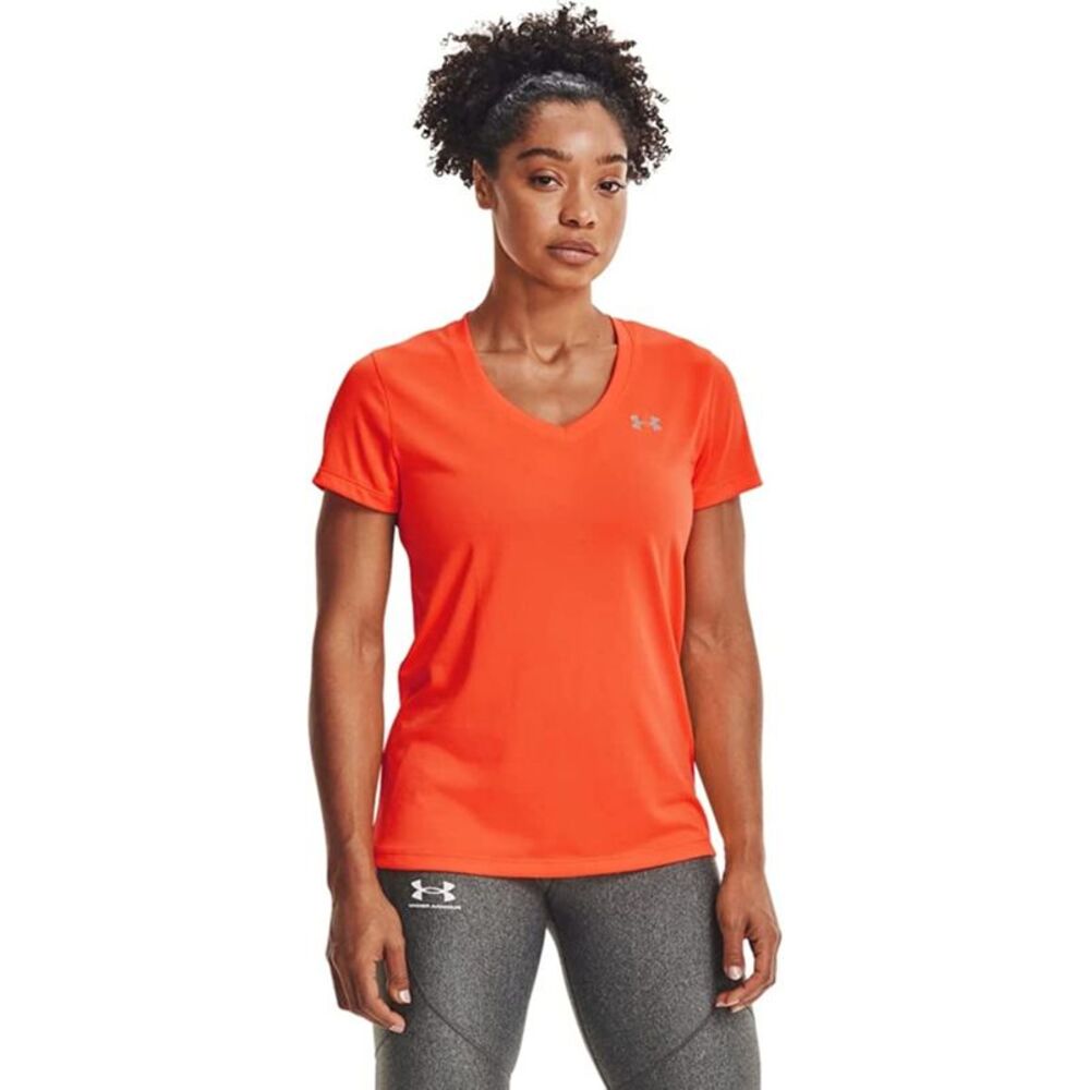 UNDER ARMOUR Womens Orange Ribbed Logo Short Sleeve V Neck T-Shirt S\P